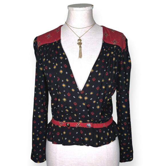 FREE PEOPLE Where We Roam Top Surplice Neck Pleated Boho Fall Black Red Small - Picture 3 of 13